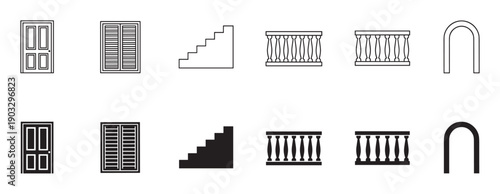 Collection of black architectural element icons showing a door, window, stairs, balustrade, and arch in both outline and solid glyph styles for graphic design projects
