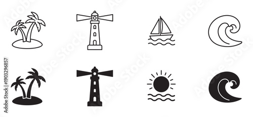 Collection of black beach themed icons showing a palm tree island, lighthouse, sailboat, wave, and sun in both outline and solid silhouette styles for graphic design elements