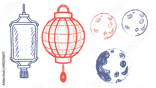 Artistic brush stroke illustration of two warm lanterns and a subtle moon, evoking a gentle, handcrafted feel for serene and natural designs.