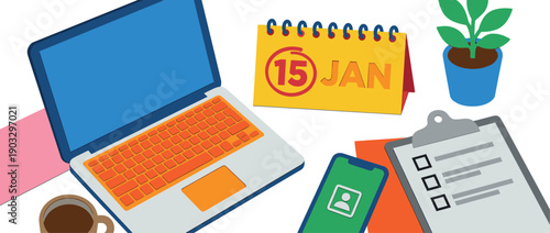 Organized office desk workspace with a laptop, calendar showing January 15th, smartphone, and checklist in a colorful flat vector illustration