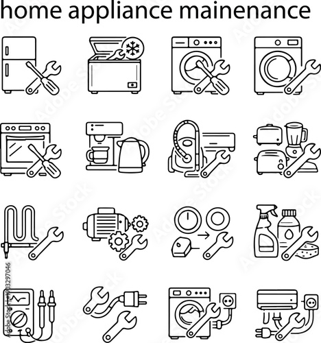 set of various icons that represent the processes performed during the maintenance and repair of household appliances