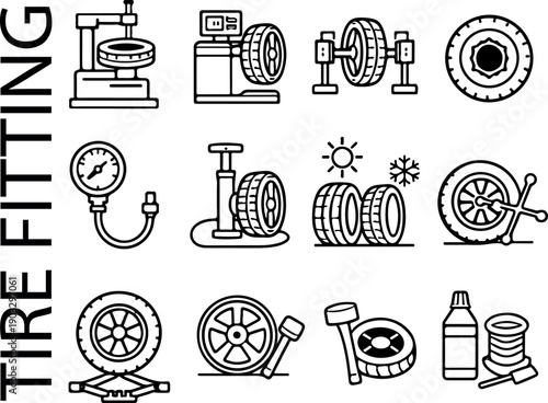 set of various icons that represent the processes performed during car servicing at a tire shop