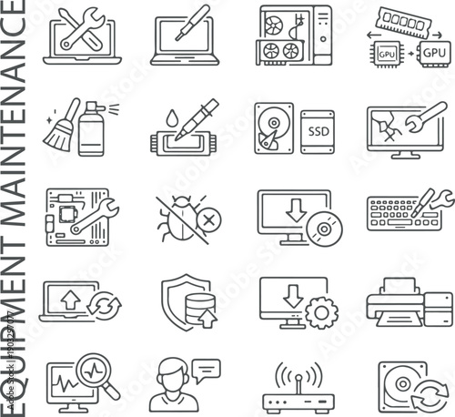 set of various icons that represent the processes performed during maintenance and repair of computer equipment