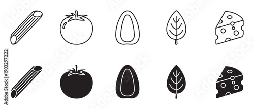 Collection of minimalist food ingredient icons showing pasta, tomato, avocado, a leaf, and cheese in both outline and solid black glyph styles for graphic design