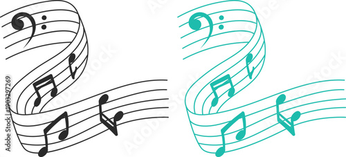 Music staff wave icon set collection with treble clef melody symbols, pixel notes, abstract sound lines, musical composition elements isolated on white background vector.