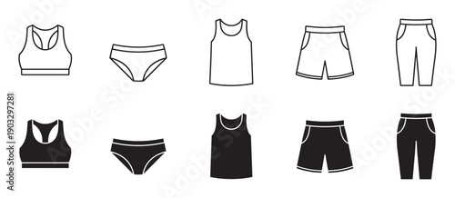 Minimalist clothing icon set with sportswear and underwear including a sports bra, briefs, tank top, shorts, and trousers, shown as both line art and solid silhouettes