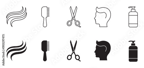 Hairdressing and barber tool icon collection with line art and silhouette versions of a comb, scissors, shampoo, and male hairstyle for beauty and grooming concepts