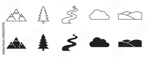 Set of black nature landscape icons featuring mountains, trees, rivers, clouds, and hills in both outline and solid silhouette styles for graphic design elements