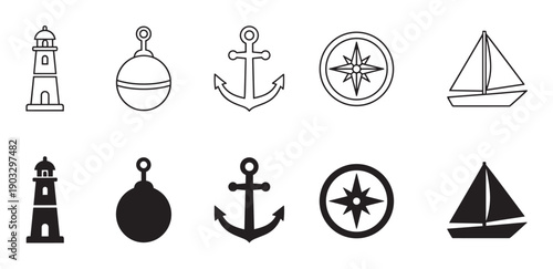Collection of black nautical icons showing a lighthouse, buoy, anchor, compass, and sailboat in both outline and solid silhouette styles for graphic design elements