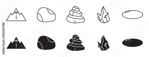 Set of black and white icons depicting natural elements like mountains, stones, crystals, and cairns, shown in both minimalist outline and solid silhouette graphic styles