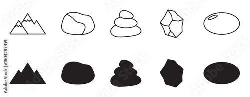 Set of minimalist black icons showing mountains, stones, and crystals in both outline and silhouette styles, representing nature, geology, and zen concepts in a simple graphic design