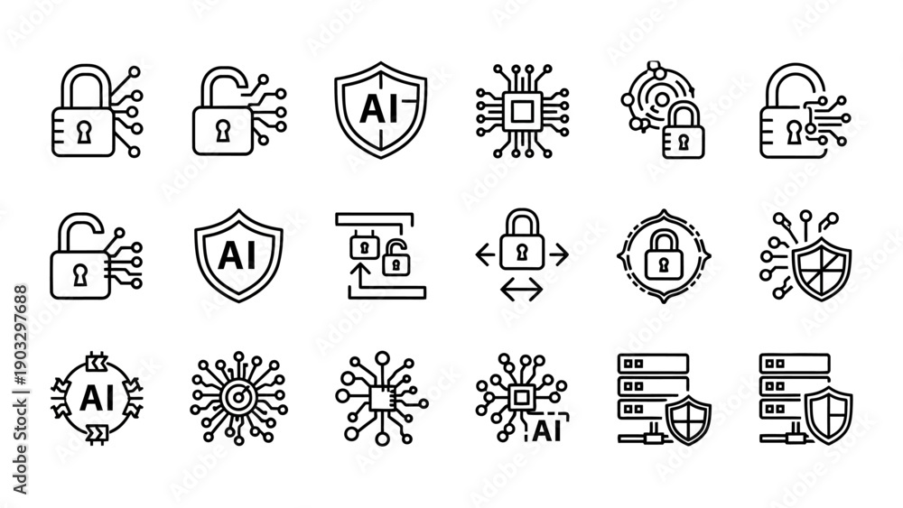 Fototapeta premium Security Icons Featuring AI and Lock Symbols.