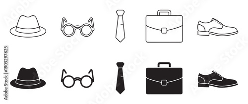 Collection of men's business fashion icons featuring a fedora hat, eyeglasses, tie, briefcase, and shoe, illustrated in minimalist black outline and solid silhouette vector styles
