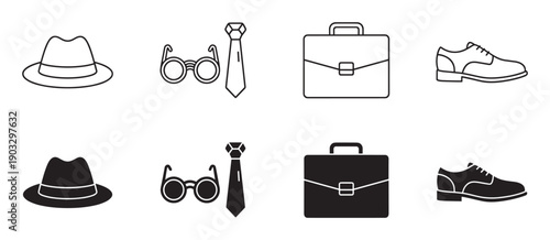 Set of black business accessory icons for men featuring a fedora hat, glasses, tie, briefcase, and formal shoe in both minimalist line art and solid glyph styles