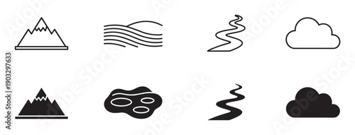 Set of eight black nature icons showing mountains, fields, rivers, and clouds in both outline and solid silhouette styles for graphic design and user interface elements