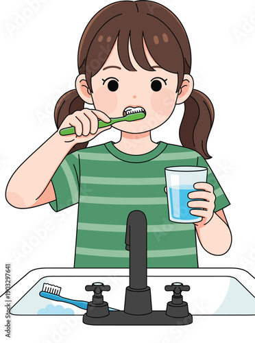 Cute Girl Character Brushing Teeth at Bathroom Sink with Water Glass for Dental Hygiene Education, Healthcare Posters, Morning Routine Charts, and Child Wellness Designs