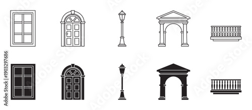 Architectural element icon set with classic designs including a window, arched door, street lamp, portal, and balcony shown as both outline and solid black silhouettes
