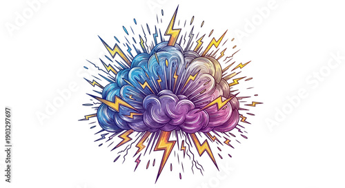 Vibrant Illustrated Brainstorm Explosion with Lightning Bolts Representing Creative Ideas and