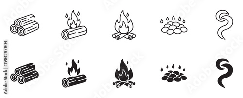 Set of black fire related icons in two styles, line art and solid glyph, showing firewood logs, a burning campfire, hot charcoal embers, and rising smoke