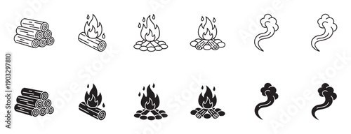 Set of black campfire icons including firewood logs, burning flames, and smoke wisps in both outline and solid glyph styles for graphic design