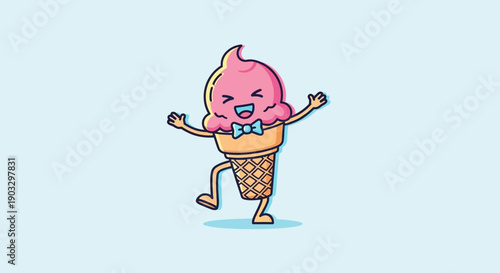 A delightful and cheerful cartoon ice cream character dancing happily in a vibrant illustration