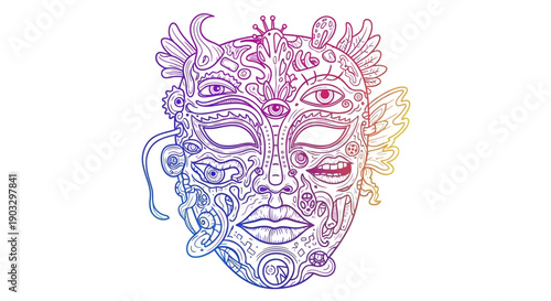 Colorful detailed gradient psychedelic mask with multiple eyes and surreal facial features