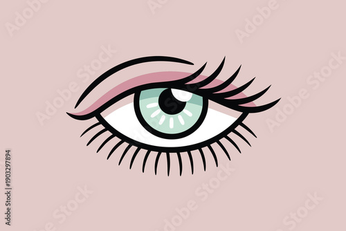 Vector illustration of a beautiful female eye featuring detailed eyelashes and a colorful iris set in a fashion art style