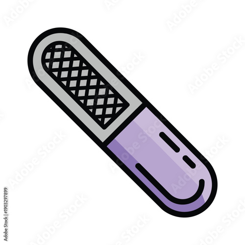 Cartoon illustration of a purple and gray nail file with a textured abrasive surface for manicure and pedicure.