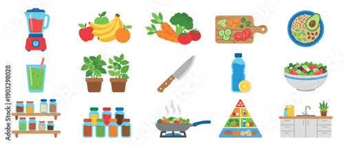 Collection of flat design vector icons representing healthy eating, nutrition, and home cooking, featuring illustrations of fresh produce, kitchenware, prepared meals, and a food pyramid