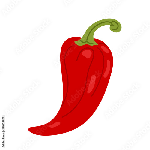 Red pepper pod in flat style. Hot pepper isolated on white background. Hot chili pepper ingredient for cooking. Spicy food.