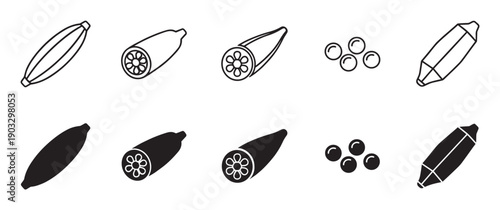 Okra vegetable icon set with whole pods, cross-section slices, and seeds, featuring a collection of simple black line art and solid glyph style illustrations for food concepts