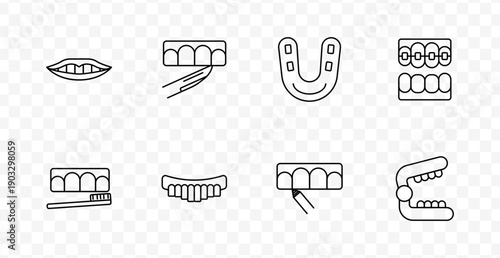 Dental accessory set icon. Outlined icons include teeth, brush, braces, mouth guard, veneers, and jaw models focused on oral care, hygiene, and orthodontic components.