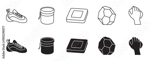 Collection of black rock climbing icons showing a shoe, chalk bag, hold, and hand in both line art and solid silhouette styles for bouldering and sport climbing concepts