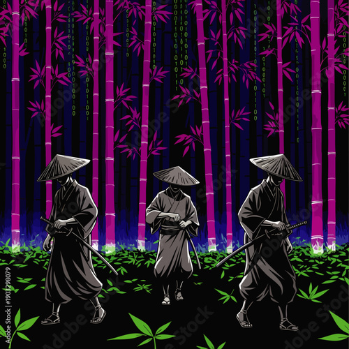 Three mysterious samurai warriors in conical hats walk through a surreal, glowing purple bamboo forest at night, holding swords.