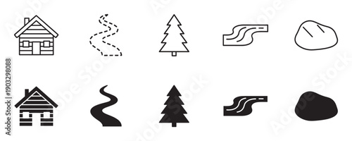 Set of black and white nature icons featuring a log cabin, winding path, pine tree, river, and stone, presented in both minimalist line art and solid silhouette styles