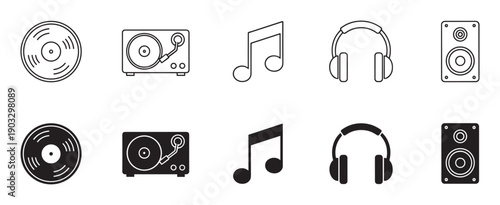Set of black music theme icons featuring a vinyl record, turntable, note, headphones, and speaker, shown in both minimalist outline and solid filled glyph vector styles