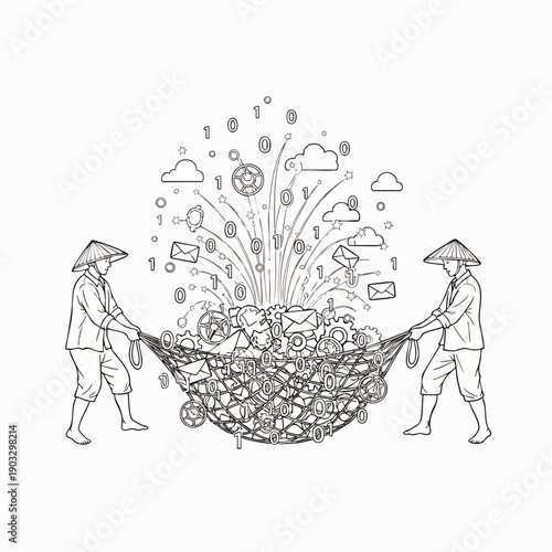 Two farmers with conical hats cast a net to catch digital data, emails, and binary code, representing data collection and information technology.