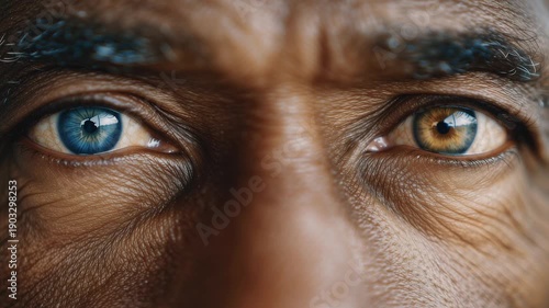 close-up of eyes of an African-American man with heterochromia, brown and blue eyes, footage dedicated to eye disease treatment and healthcare for elderly, slight camera shake, handheld shooting