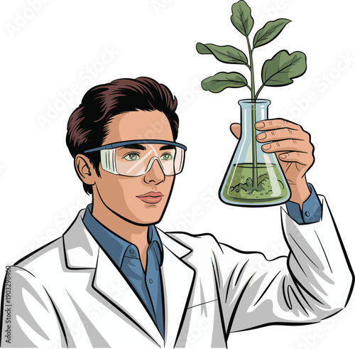Scientist holding flask with plant and green liquid, biotechnology and environmental science theme, flat vector illustration of research