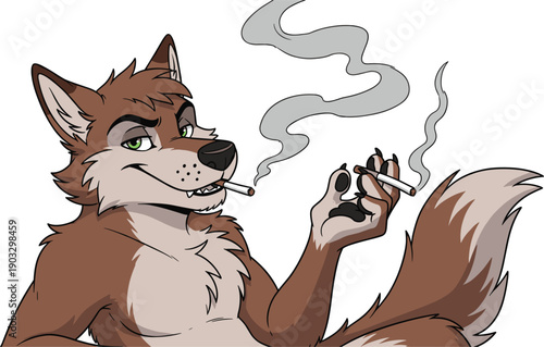 Cool Anthropomorphic Brown Wolf Character Vector Illustration Smoking Cigarettes With Smug Expression Bushy Tail And Green Eyes For Creative Projects