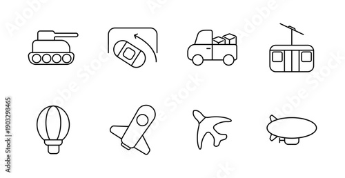 Transport type set icon. Tank, capsule exit, delivery truck, cable car, balloon, spaceship, plane, zeppelin, movement, flight, logistics, vehicle, travel