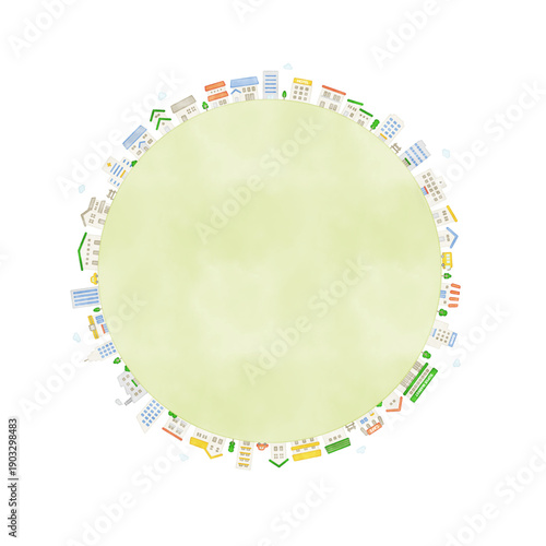 水彩風　円に並ぶ街並みのイラスト　ベクター