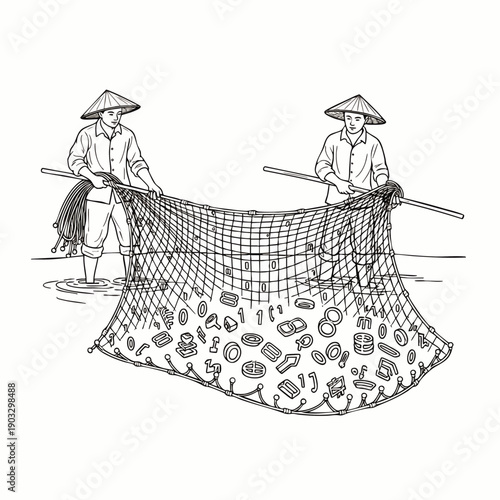 Two Asian people in traditional conical hats pulling a net full of plastic waste and trash from polluted water, highlighting environmental crisis and ocean cleanup.