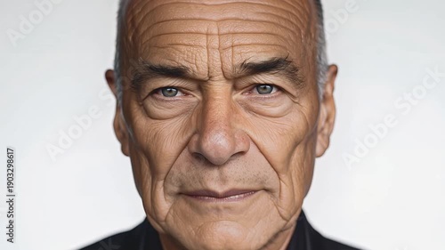 Close-up of the face of an elderly Caucasian man, the camera slowly moves away from the man, a neutral light background, the concept of natural aging and fences about older people