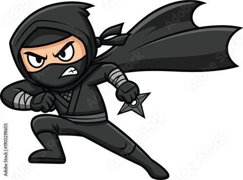 Cool Cartoon Ninja Mascot Character In Black Suit Carrying Shuriken Star And Wearing Cape In Action Pose Vector Illustration Isolated On White Background