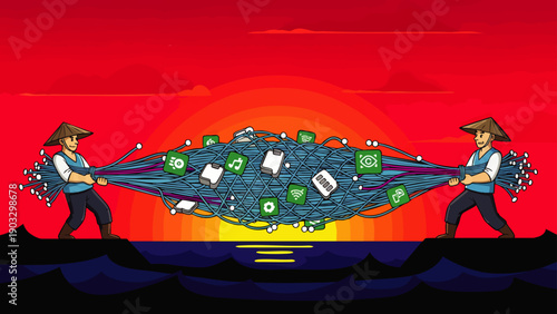 Two farmers pull a tangled net full of digital icons and documents against a dramatic sunset, symbolizing data management and information overload.