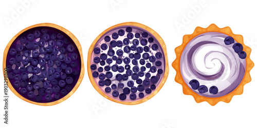Homemade blueberry pie set, tart top view whole with yogurt or cream an blueberry round bakery, dessert top view in cartoon style isolated on white background.