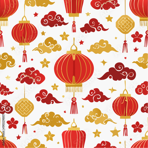 Vibrant red and gold lanterns, clouds, and stars create a festive pattern, symbolizing celebration and cultural heritage in a harmonious design