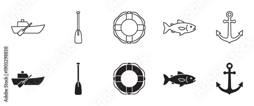 Set of black nautical themed icons including a boat, oar, lifebuoy, fish, and anchor, presented as a collection of both simple line art and solid silhouette vector graphics