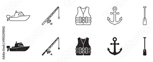 Collection of black boating and fishing icons showing a motorboat, rod, life vest, anchor, and paddle in both outline and solid silhouette styles for graphic design